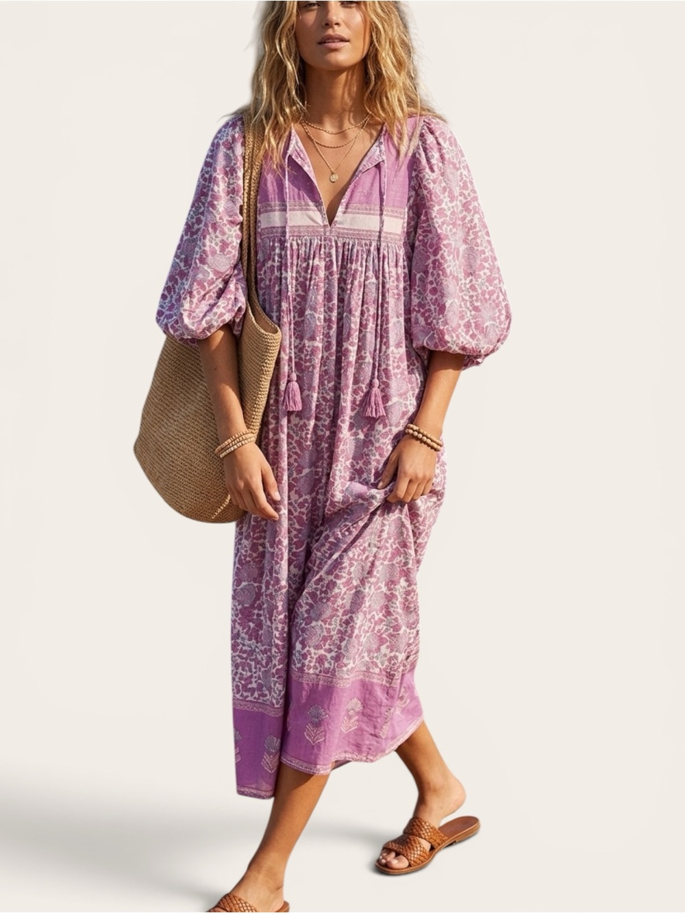 Mille Resort & Travel Lavender Mixed Print Midi Dress 100% Cotton Size Small